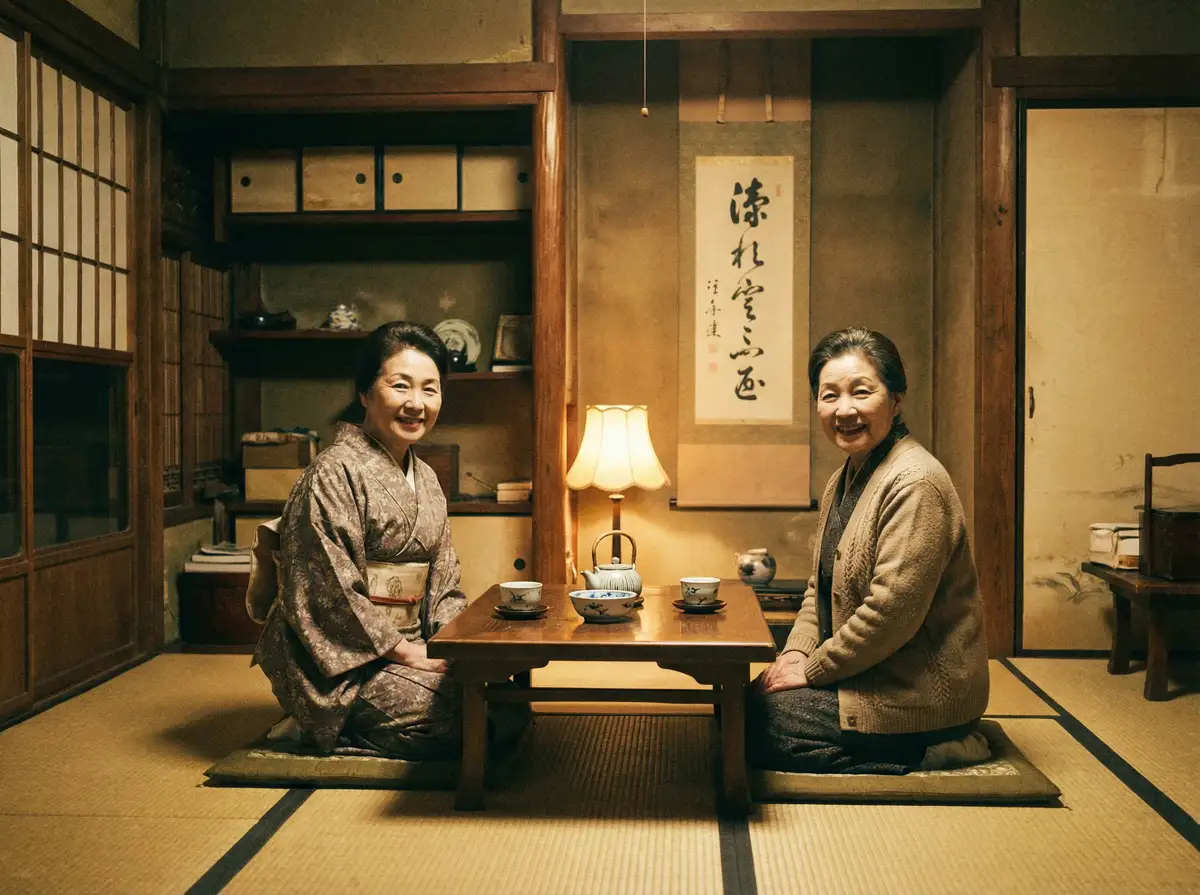 两位优雅的 草莓视频 在日式茶室中品茶交谈